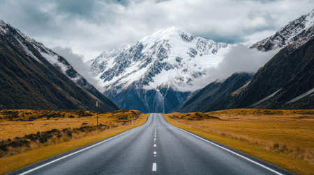 A captivating view of a winding road stretching toward majestic snow-capped mountains under a dramatic cloud-filled sky, offering a sense of adventure.の素材