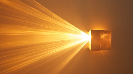 This captivating image captures a golden beam of light radiating from a geometric cube, casting intricate shadows on a smooth wall. The warm glow creates a tranquil ambiance, making it ideal for minimalistic and modern decor concepts.の素材
