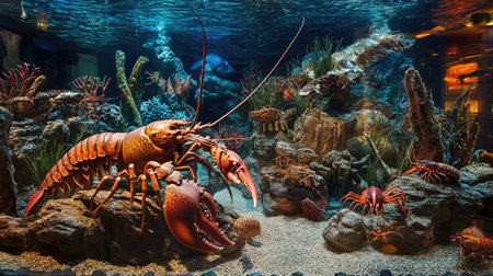 Explore a captivating underwater scene showcasing a magnificent lobster amidst a rich marine habitat filled with diverse aquatic creatures and vibrant corals.の素材