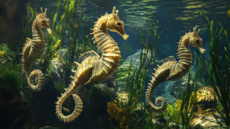 This stunning image captures seahorses swimming among lush underwater plants in a vibrant ocean setting, showcasing marine beauty and tranquility.の素材