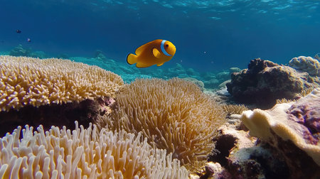 A vibrant clownfish gracefully swims among colorful coral reefs in the crystal-clear waters of a tropical ocean, showcasing the beauty of marine life.の素材