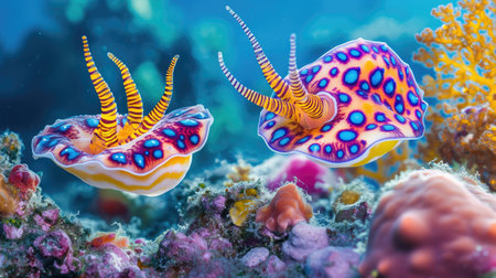 An enchanting underwater scene showcasing two colorful sea slugs amidst a vibrant coral reef. The vivid patterns and rich colors create a striking visual experience, highlighting the diverse marine life and intricate details of the ocean habitat. Perfect for nature lovers and ocean enthusiasts.の素材