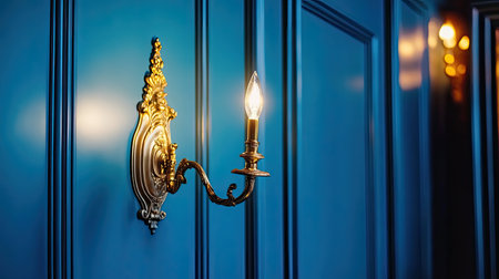 An exquisite vintage wall sconce casts a warm glow against rich blue paneling, adding sophistication and elegance to a stylish interior design.の素材