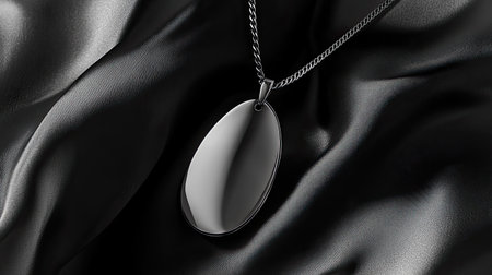 A beautifully crafted black pendant necklace rests gracefully on soft black satin fabric, showcasing its sleek design in a captivating fashion setting. Perfect for various occasions.の素材