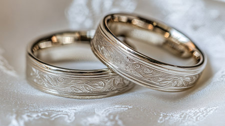Close-up of two elegantly engraved wedding rings resting on a soft fabric surface, symbolizing love and commitment in a romantic setting.の素材