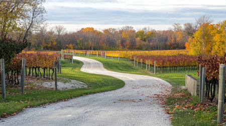 A picturesque winding road leads through a vibrant vineyard adorned with autumn colors. This serene landscape captures the beauty of nature in a rural setting.の素材