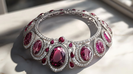 This stunning necklace features an array of vibrant rubies and sparkling diamonds, beautifully crafted for a luxurious and elegant look.の素材
