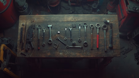 A diverse collection of hand tools including wrenches and screwdrivers arranged neatly on a rustic wooden table in a workshop, showcasing a craftsman's workspace.の素材