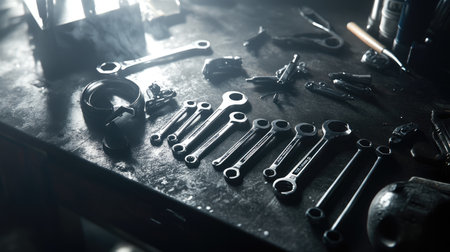 A collection of hand tools arranged on a workbench, with wrenches in varying sizes and shiny surfaces reflecting light, ideal for showcasing craftsmanship.の素材