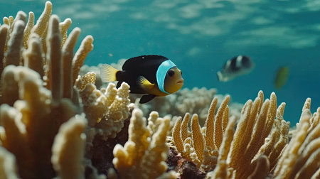 A vibrant clownfish swims gracefully among coral formations, representing the delicate balance of underwater ecosystems and the beauty of marine life.の素材