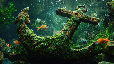 This stunning underwater scene features an old anchor covered in green moss, surrounded by colorful goldfish swimming gracefully. The clear water and rich aquatic plants create a tranquil atmosphere, making it a captivating image of nature's beauty.の素材