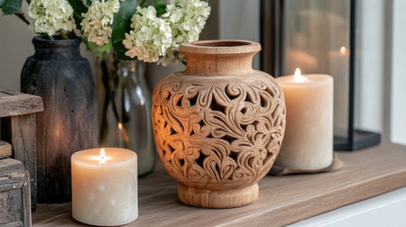 A beautifully crafted vase with intricate carvings stands beside glowing candles and fresh flowers, creating a serene and inviting atmosphere in any cozy home decor.の素材