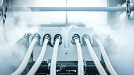 This image showcases advanced industrial equipment featuring multiple tubes releasing vapors within a manufacturing environment, highlighting modern technology and design.の素材