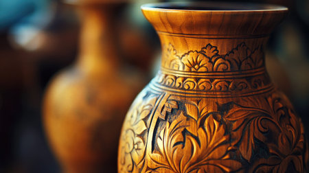 This captivating image features a handcrafted wooden vase showcasing intricate floral carvings. The warm tones and fine detail highlight artisan craftsmanship and cultural heritage, perfect for decor inspiration.の素材