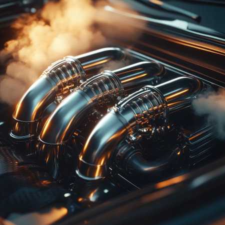 This detailed close-up showcases metallic engine pipes emitting steam, highlighting the modern design and engineering beauty of high-performance vehicles.の素材