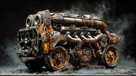 This striking image features a heavily rusted engine set against a dark background, accentuated by dramatic smoke effects, highlighting decay and industrial beauty.の素材
