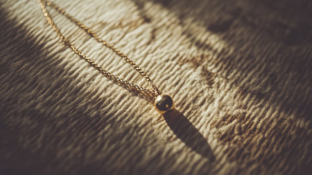 Capture the beauty of an elegant gold necklace featuring a simple pendant resting on a textured fabric. The soft natural light creates enchanting shadows, emphasizing the piece's luxurious qualities and craftsmanship.の素材