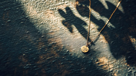 This image features an elegant gold necklace with a charm, casting intricate shadows on a rustic wooden background, showcasing the beauty of jewelry artistry.の素材