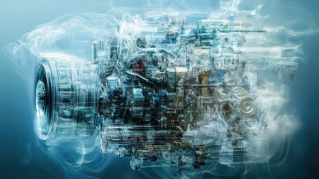 This stunning image showcases an industrial engine with an ethereal smoke effect, blending technology and innovation in a captivating abstract design.の素材