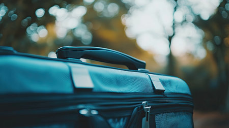 This close-up image features a stylish black suitcase with a unique texture set against a serene natural background. The soft bokeh enhances the travel theme.の素材