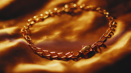 This stunning gold bracelet rests elegantly on a soft silk surface, showcasing its intricate design and warm tones, ideal for fashion enthusiasts and jewelry lovers.の素材
