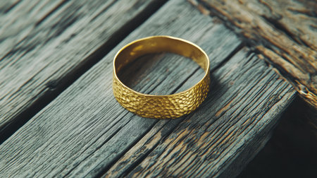This image showcases an elegant golden ring with a unique textured finish resting on a rustic wooden surface, highlighting its beauty and craftsmanship.の素材