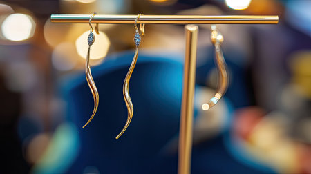 This striking image features elegant gold earrings beautifully displayed on a stand, accentuated by a soft and blurred background that adds depth.の素材