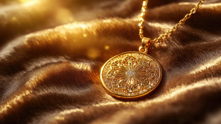A stunning gold pendant featuring a detailed design and sparkling accents, elegantly set against a soft, luxurious fabric backdrop, perfect for showcasing artistry.の素材