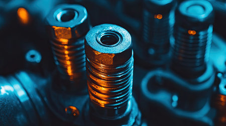 This image features a vibrant close-up of industrial metal components that showcase intricate threads and a striking blue lighting effect. Perfect for mechanical themes.の素材