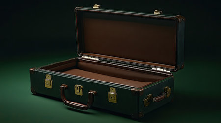 A vintage green suitcase stands open against a dark background, showcasing a spacious and empty interior. Ideal for travel themes and nostalgia.の素材