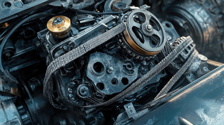 This image captures a detailed close-up of an automotive engine highlighting mechanical components, belts, and gears, essential for maintenance tasks.の素材