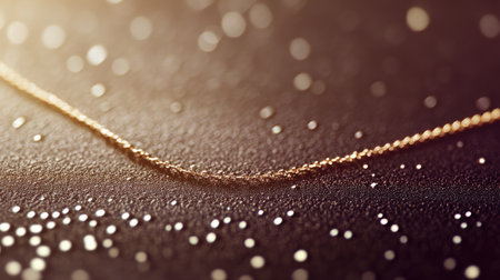 A stunning gold necklace elegantly displayed on a dark textured surface. The image captures soft bokeh and sparkling particles, enhancing its allure.の素材
