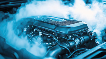 Stunning close-up of a high-performance engine enveloped in fog, showcasing advanced automotive technology and engineering marvels ideal for car enthusiasts.の素材