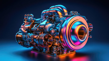 This striking image showcases a futuristic engine design with a colorful metallic finish and intricate pipe work, ideal for technology enthusiasts and engineers.の素材