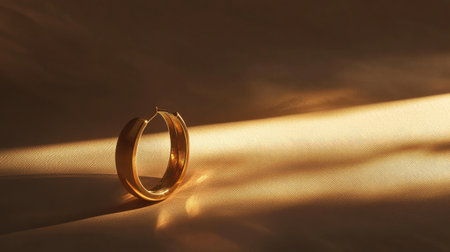 This striking image features a gold hoop earring elegantly placed on soft fabric, beautifully illuminated by natural light, creating a captivating shadow.の素材