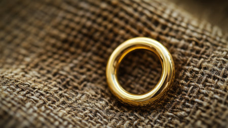 This image features a beautiful golden wedding ring resting elegantly on textured brown fabric, symbolizing love and commitment in relationships.の素材