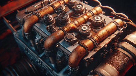 A stunning close-up of a vintage car engine highlights the complexity of its metallic components, showcasing the beauty of aged machinery and craftsmanship.の素材