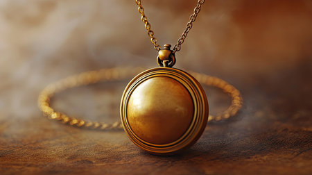 This image showcases a beautifully crafted vintage gold pendant hanging on a delicate chain. The pendant features a smooth round surface, highlighted by warm background lighting, adding to its elegance and charm. The intricate design enhances its timeless appeal, making it a perfect accessory for any fashion enthusiast.の素材