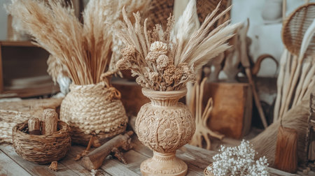 This image showcases beautiful dried flower arrangements in rustic decor. Featuring natural textures and earthy tones, it enhances any home aesthetic with its artistic simplicity and warm ambiance.の素材