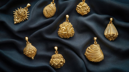 Discover a stunning collection of intricately designed gold pendants, each showcasing unique artistry and craftsmanship, set against a rich dark fabric.の素材