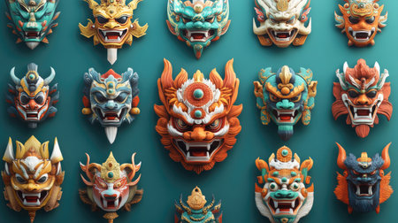 A stunning collection of vibrant and colorful masks featuring intricate designs displayed against a bright background, showcasing traditional craftsmanship and cultural heritage.の素材