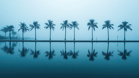Beautiful misty landscape featuring palm trees reflecting on calm water, creating a serene and tranquil atmosphere, perfect for relaxation and nature lovers.の素材