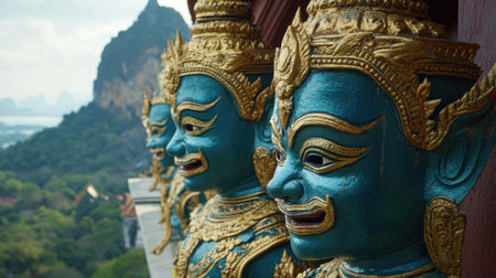 Beautiful blue and gold guardian statues adorn the temple, overlooking a stunning mountainous landscape in Thailand. A perfect image for travel.の素材