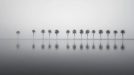 Majestic palm trees arranged in a perfect line rise above the serene, foggy water, creating a tranquil and minimalist scene perfect for relaxation.の素材