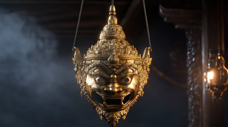 This striking golden temple mask features exquisite craftsmanship and mythical elements, providing a perfect focal point for cultural and artistic themes.の素材
