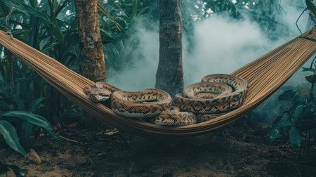 A captivating image showcasing a colorful python lounging on a hammock in a serene jungle setting, surrounded by lush greenery and mist.の素材