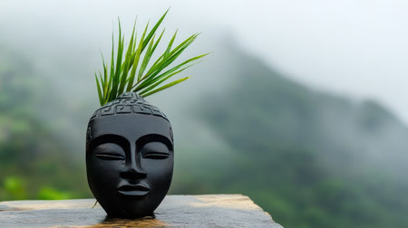 A striking black Buddha planter featuring vibrant green grass, set against a foggy mountain landscape. This image captures tranquility and artistic beauty, perfect for home decor.の素材