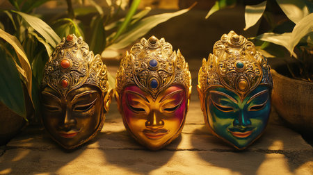 This captivating image showcases three colorful artistic masks, beautifully displayed among lush greenery, creating a serene and warm ambiance perfect for any artistic setting.の素材
