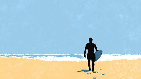 A serene silhouette of a surfer walking along a yellow sandy beach, carrying a surfboard towards the gentle waves of the ocean under a bright blue sky.の素材