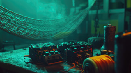 This image showcases a unique workspace featuring electronic devices and a relaxing hammock, surrounded by softly lit ambiance and industrial elements.の素材